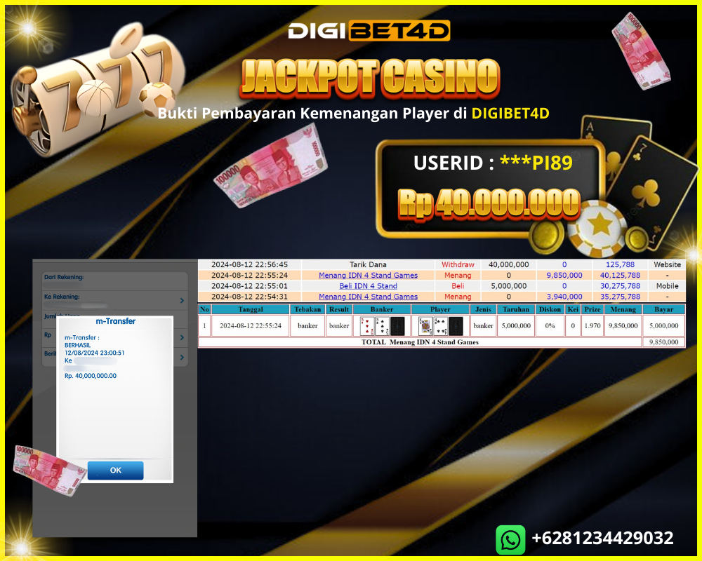 DIGIBET4D JACKPOT KEMENANGAN LIVE CASINO “ IDN 4 STAND ” 40 JT